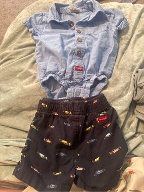 Wrangler Light Blue Button-Up Bodysuit and Navy Car-Print Shorts